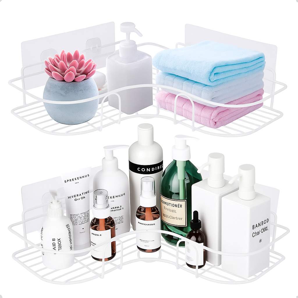 Kit Prateleiras de Canto Branco para Banheiro Cozinha Suporte Metálico Ajustável Instalação Fácil