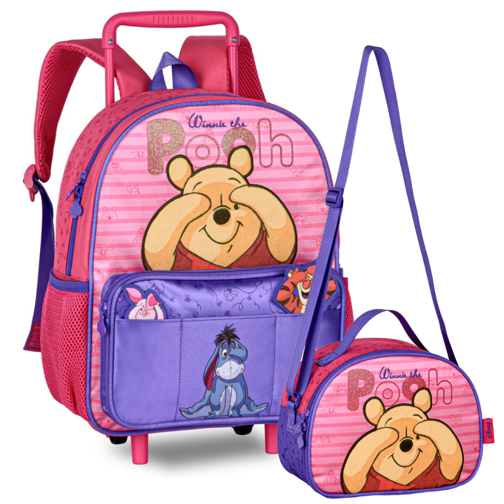 Kit Mochila de Rodinhas Ursinho Pooh Infantil Escolar com Lancheira Térmica Para Menina Clio