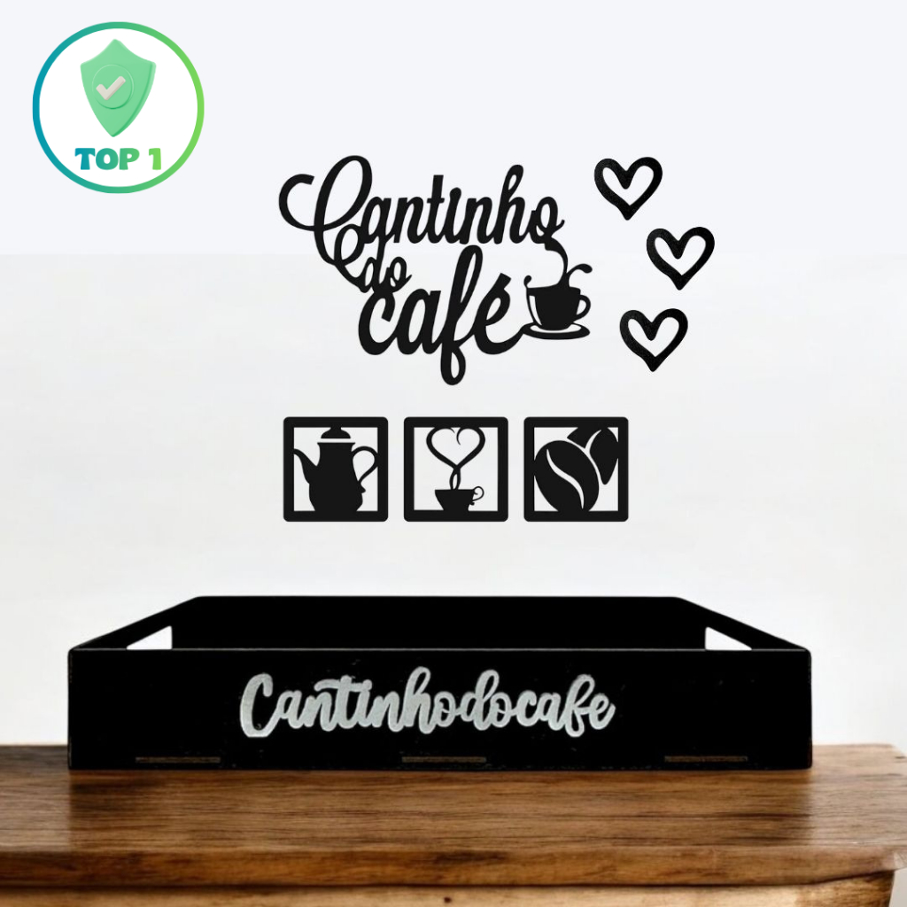 Kit Bandeja Lisa E Apliques Cantinho do Café c/ Corações em MDF Preto
