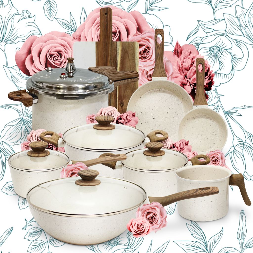 Conjunto De Panelas Mimo Style Indução & Panela de Pressão 4,8L + Panela Wok 28 cm Tábua Acácia 9pc