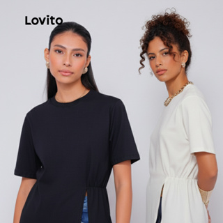 Lovito Camiseta Basica Algodão Gola Careca Manga Curta Moda Mini Fenda  Casual Lisa LB517BRL547 em Oferta na Shopee