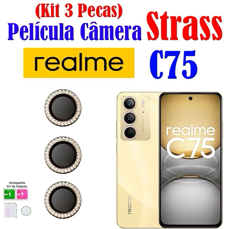 Kit 3 Peças Película Câmera Strass Para C75 Realme Protetor da Lente com Diamante Brilhente Coloridor