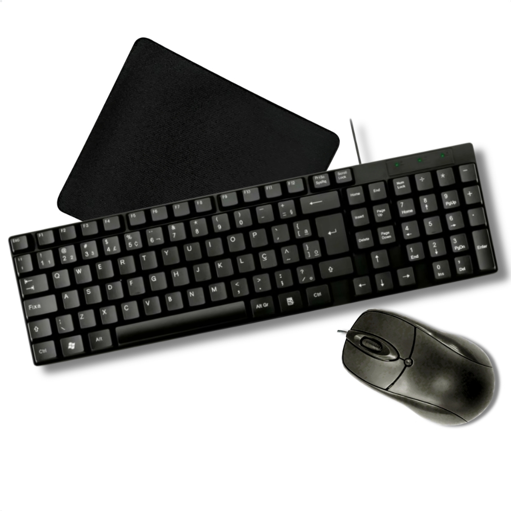 Kit Combo Teclado Mouse Mousepad Com Fio ABNT2 Cabo USB Preto