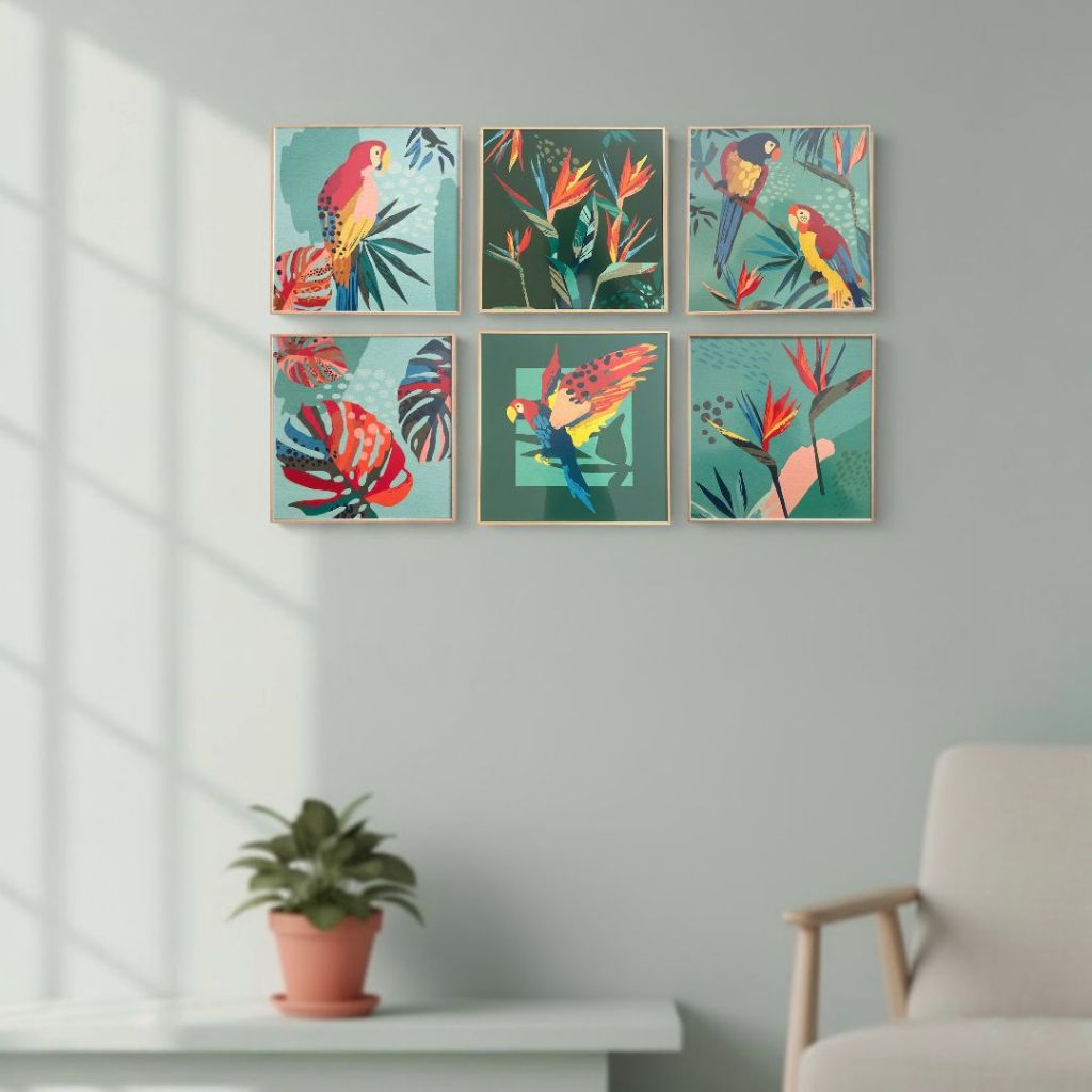 Kit com 6 ou 2 Quadro Decorativo Pequeno Vibe Tropical Medida 25cm x 25cm x 1,7cm