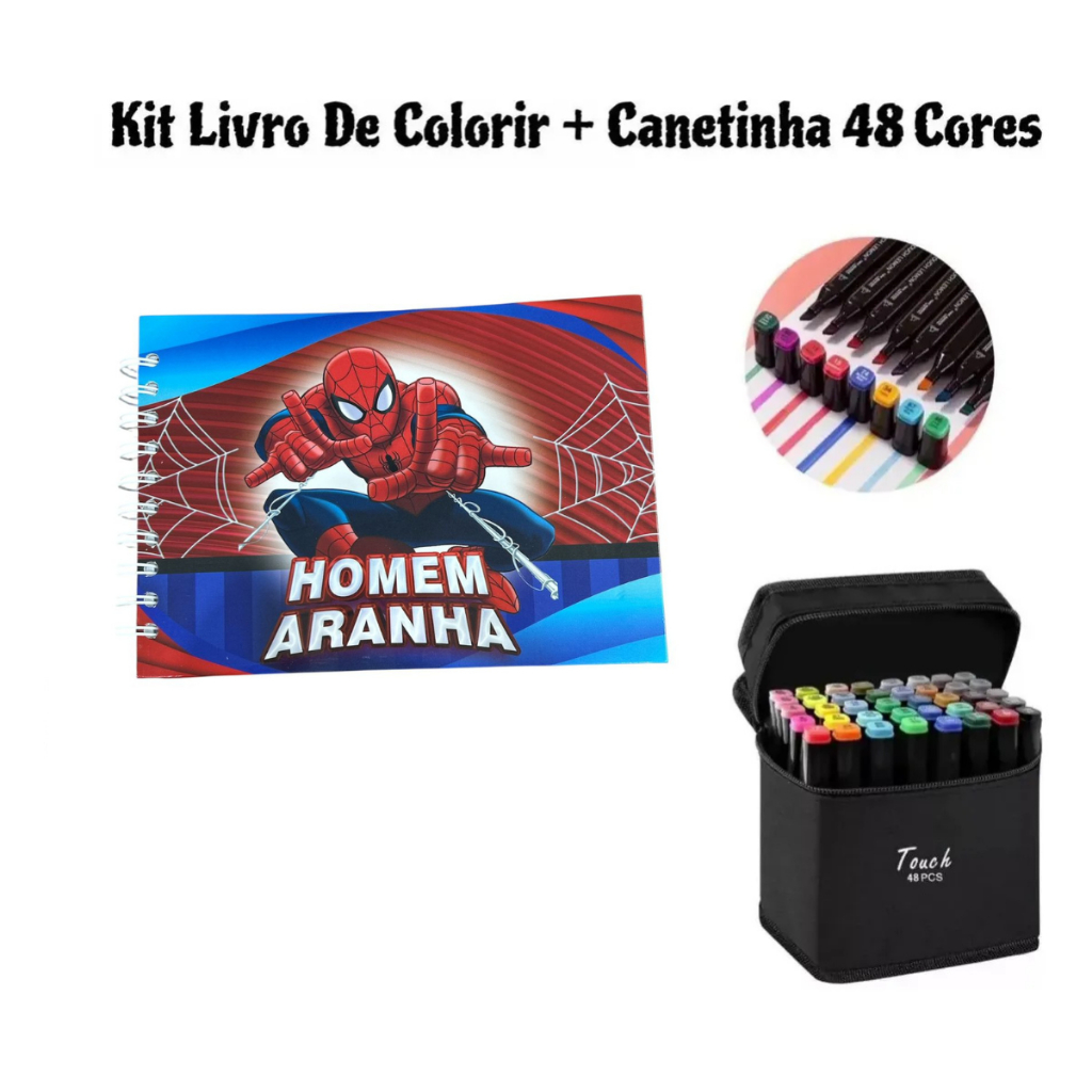 Kit Livro De Colorir Homem Aranha Capa dura  + Canetinha Touch C/48 Cores em Oferta na Shopee