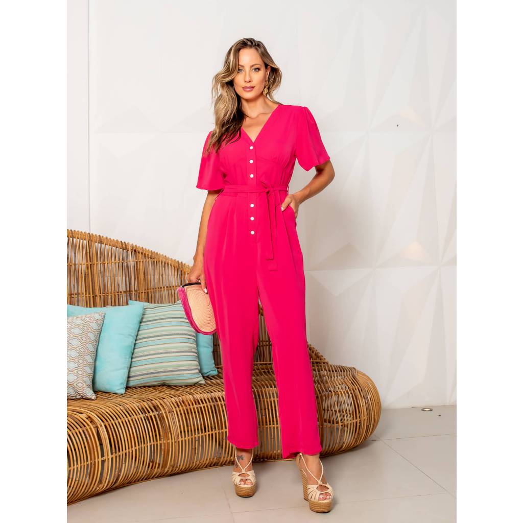 Macacão Com Botões E Amarração Na Cintura Slim Jane em Oferta na Shopee