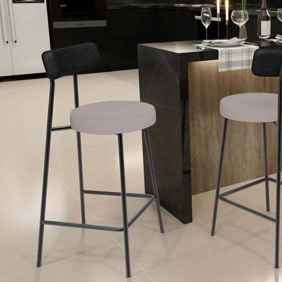 Banqueta Baixa Cozinha E Sala De Jantar Bancada Milão L02 Couríssimo Preto Linho Bege - Lyam Decor