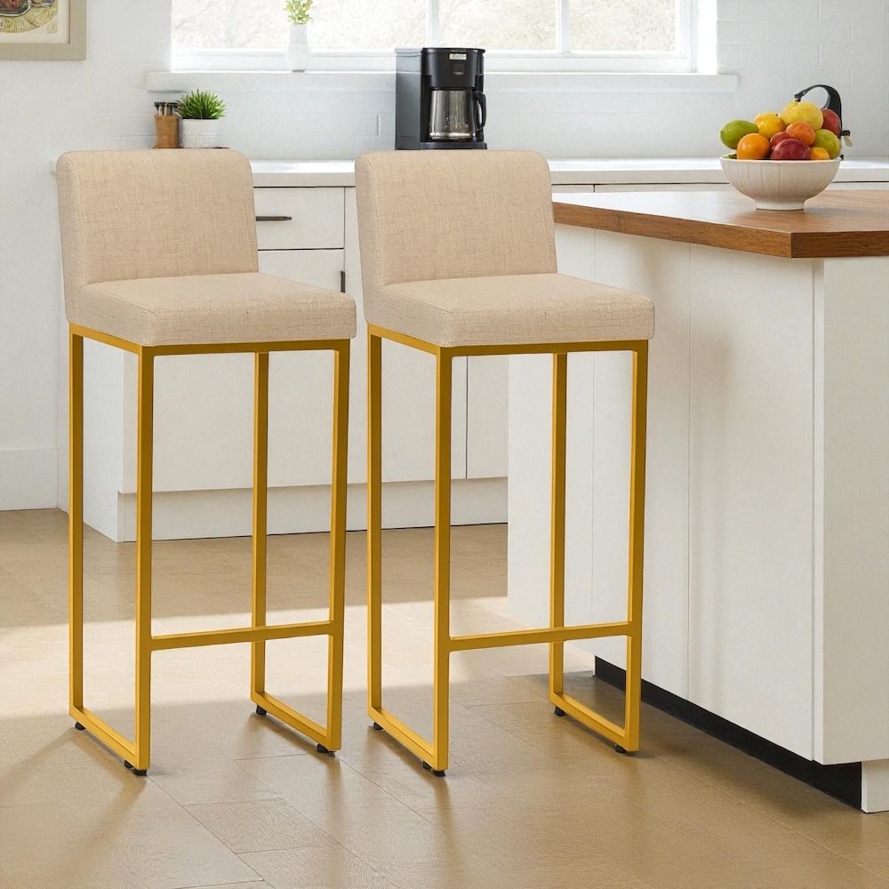 Kit 2 Banquetas Chloe Moderna Ferro Dourado Estofado Macio  Linho Bege