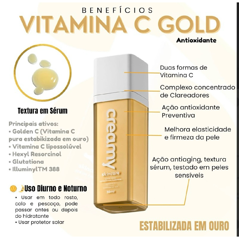 Vitamina C Gold Creamy 30g – Ilumina, Hidrata e Uniformiza o Tom da Pele ✨ Skincare Facial Diária