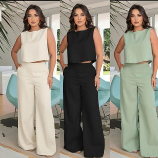 Conjunto alfaiataria Linho feminino Calça Pantalona + blusa regata social luxo Elegante C…