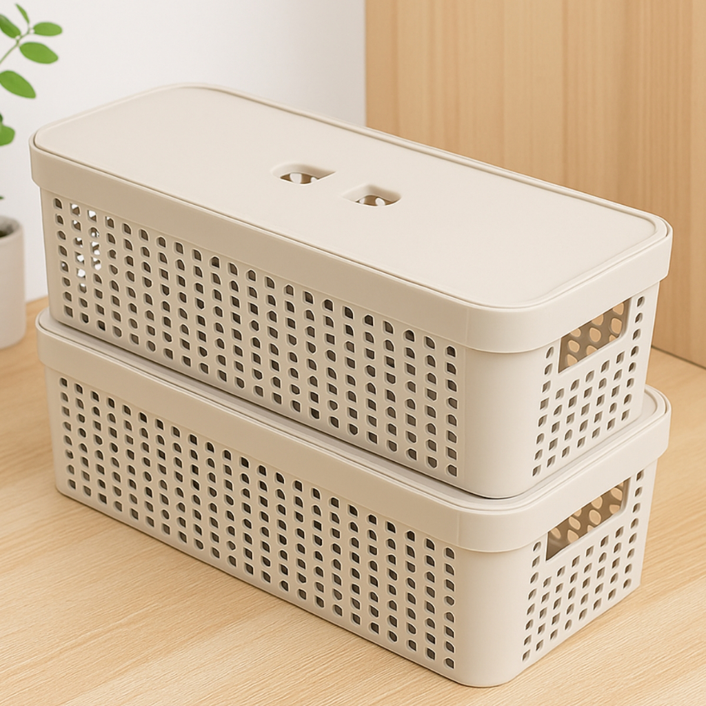 Cesto Organizador com Tampa 3,6 Litros Caixa Organizadora de Gaveta 33,5x14x9,5 Multiuso Rattan