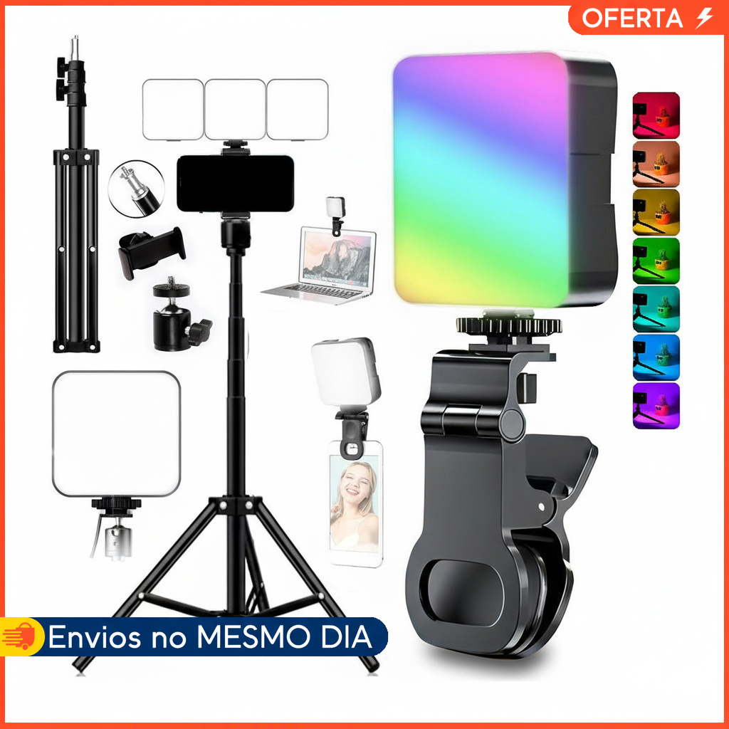 Kit 3 Selfie Mini Luz Portátil Rgb Tripé Estabilizador 2,10m