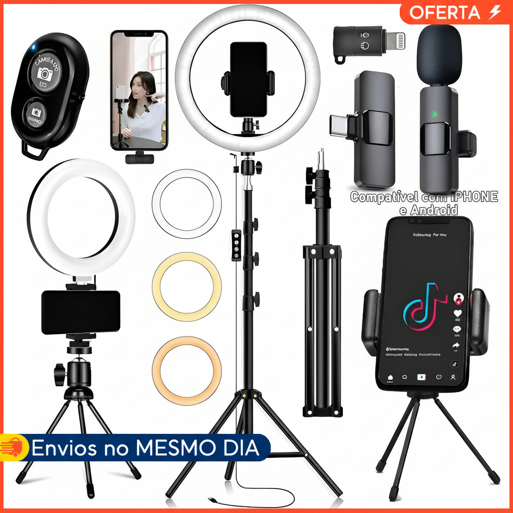 Kit Youtuber 2 Ringlinght Iluminador Lapela Bluetooth Selfie High Ligth Ring Light Microfone