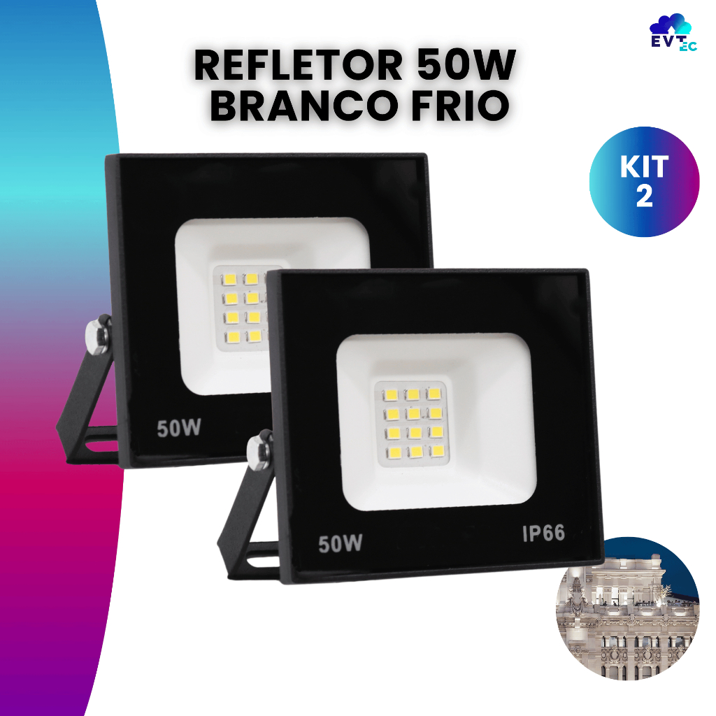 Kit 2 Refletor Led 50w Holofote Bivolt Prova D'água Luz Frio em Oferta na Shopee