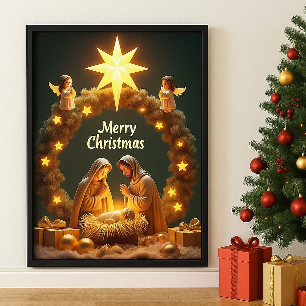 Quadro Decorativo Com Moldura Nascimento De jesus - Merry Christmas Feliz Natal - Presépio Presente