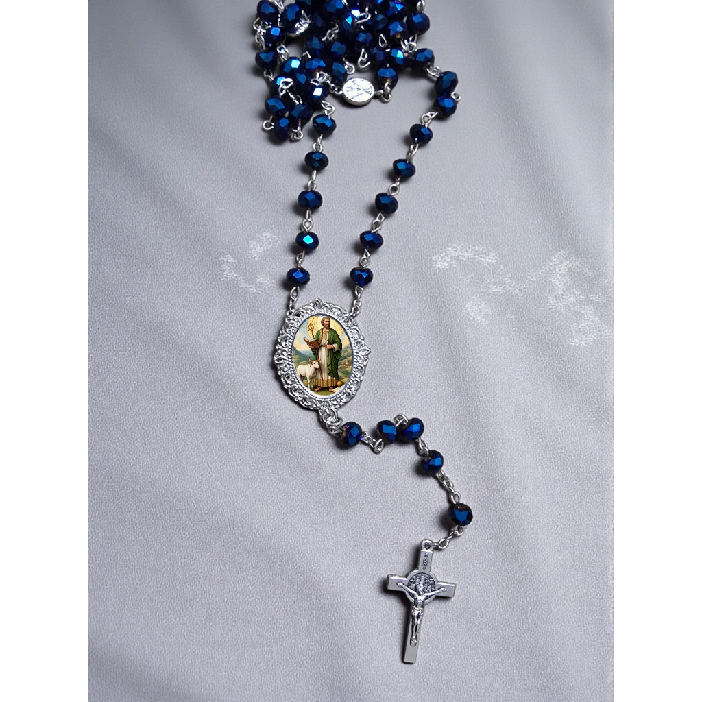 terço luxo cristal azul sao santo lucas mateus tiago marcos miguel arcanjo nossa senhora dores terço longo lindo