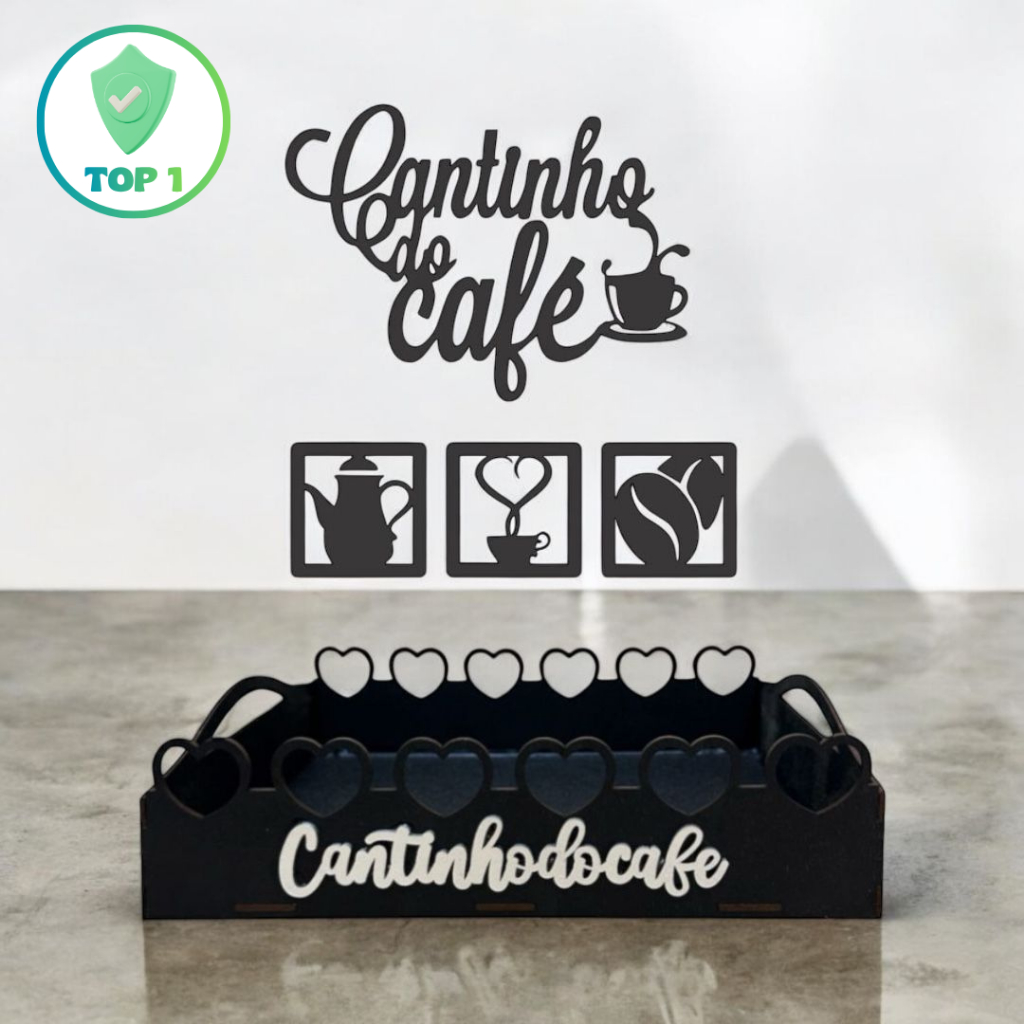 Kit Cantinho do Café 4 Apliques e Bandeja Coração em MDF Preto