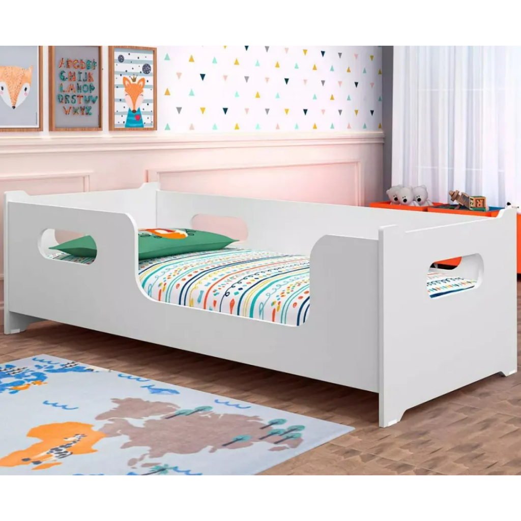 Cama Solteiro Montessoriana Moderna Com Grade De Proteção Encanto Quarto Da Criança Cor Branco