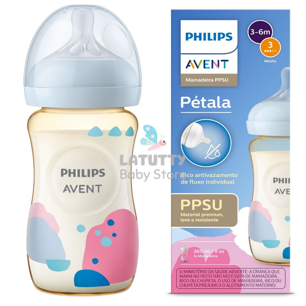 Mamadeira Pétala Avent PPSU 260ml 3 a 6 Meses Bico Fluxo Rápido Lançamento Válvula Anti-cólica Bico Antivazamento