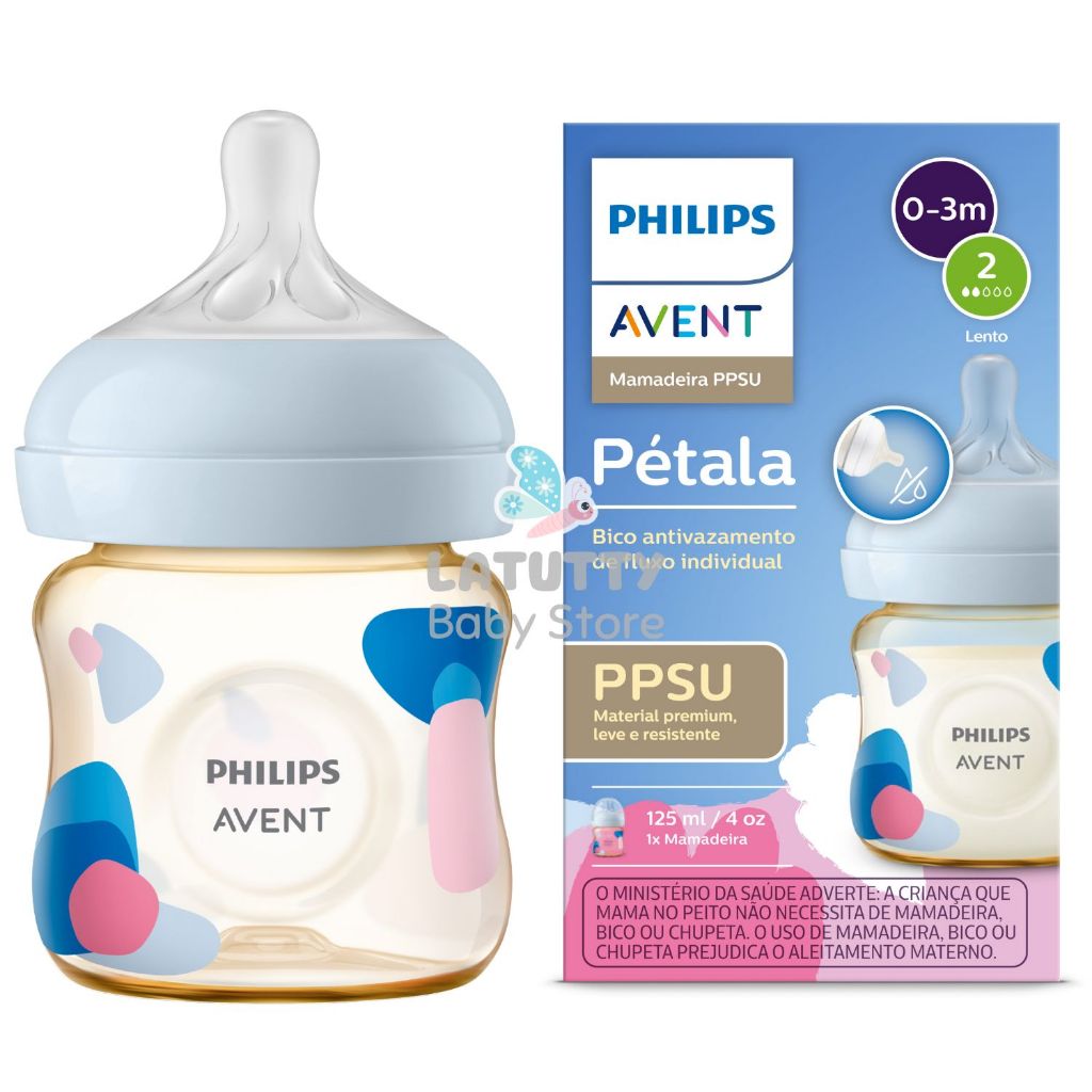 Mamadeira Pétala Avent PPSU 125ml 0-3 Meses Bico Fluxo Lento Lançamento Válvula Anti-cólica Bico Antivazamento