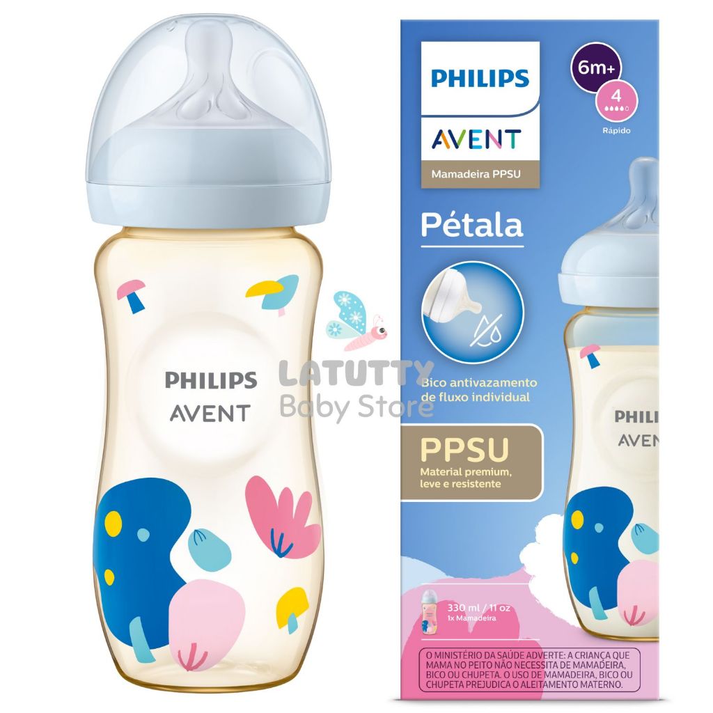 Mamadeira Pétala Avent PPSU 330ml +6 Meses Bico Fluxo Rápido Lançamento Válvula Anti-cólica Bico Antivazamento