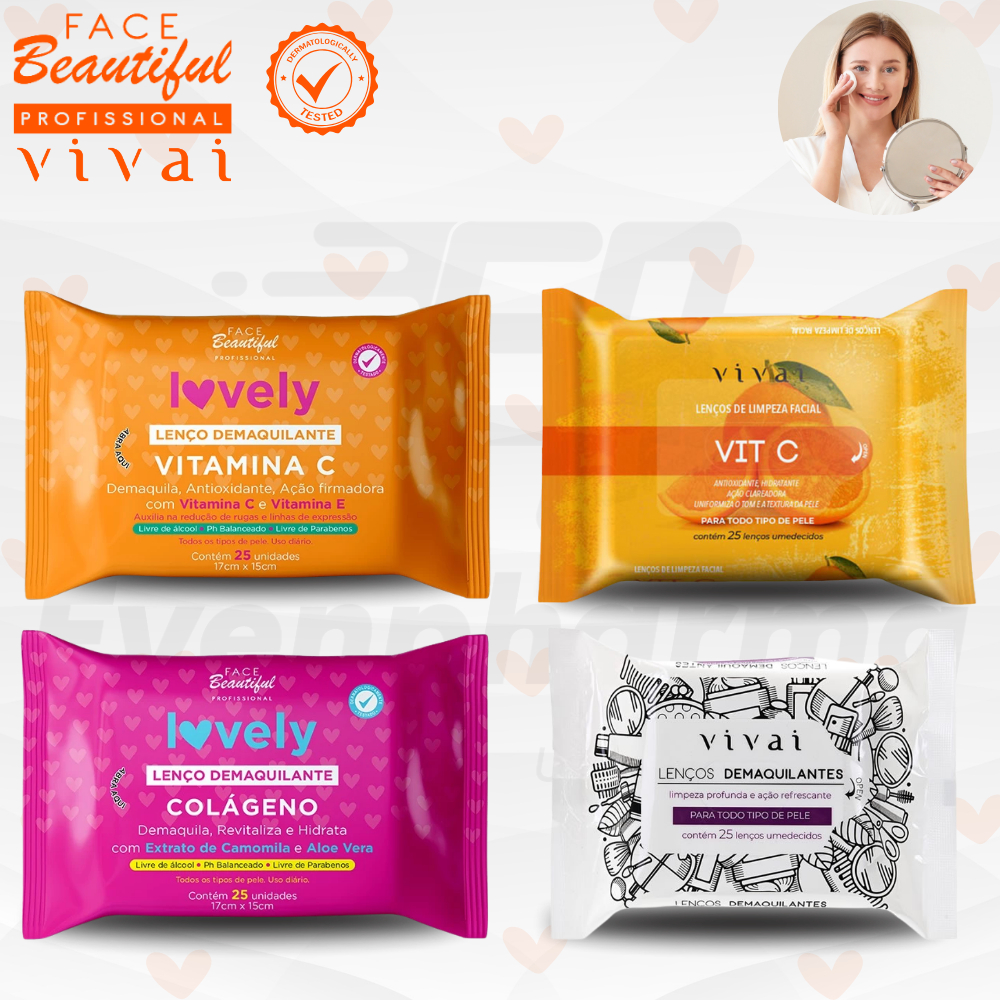 Kit Lenço Demaquilante Vivai e Lovely Vitamina C e Colágeno – Limpeza Facial, Hidratação e Maciez