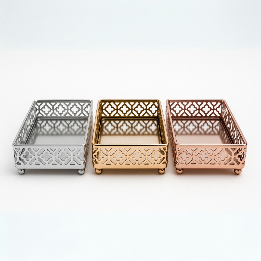 Bandeja Retangular Prata, Dourada, Rose - com Detalhes para Lavabo 16x8x3,5cm em Oferta na Shopee