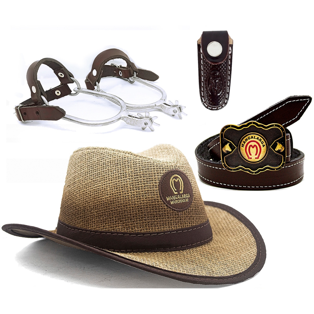 Kit Infantil Cinto De Couro + Chapeu + Fivela Mangalarga + Bainha + Espora