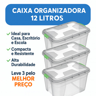 kit 3 Caixas Transparente Organizadoras 12L Cesto Com Travas Brinquedos Ferramentas Roupas Alimentos em Oferta na Shopee