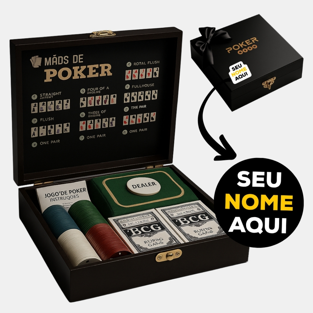 Kit Poker Texas Hold’em Completo com Maleta de Madeira - Poquer Premium. PERSONALIZE COM NOME OU LOGO!