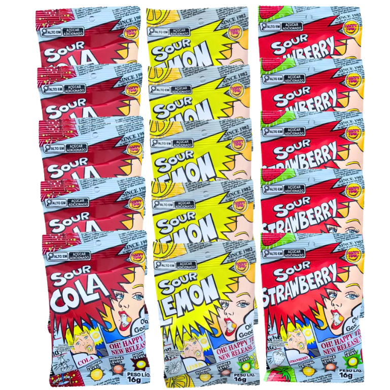 Kit 15 Balas Azedas Sour Mix Happy Time 3 Sabores Sortidos