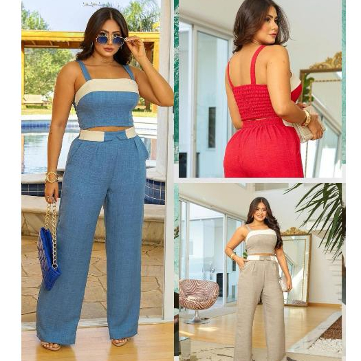 Conjunto Feminino calça Com Cropped Tecido Duna Linho Elastico Na Cintura E lastex Nas costas