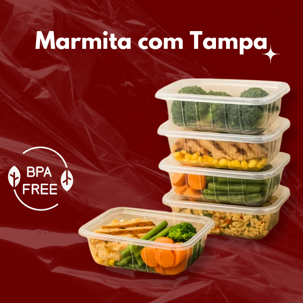 Imagem Kit Pote Marmita 350mL 500mL 750mL 1000mL Freezer Microondas Fitness Comida Congelada Marmitex Organizador