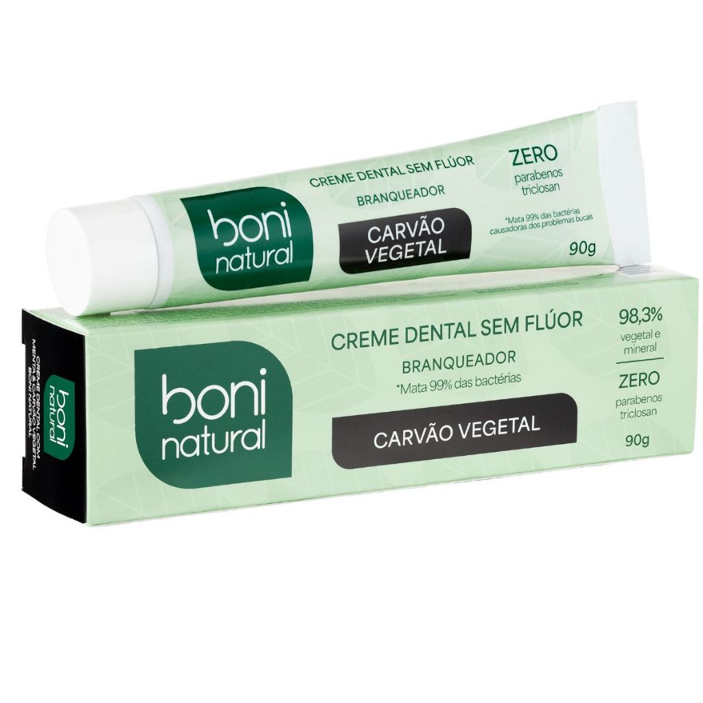 Creme Dental Natural Sem Flúor Carvão Vegetal e Menta 90g - Boni Natural em Oferta na Shopee