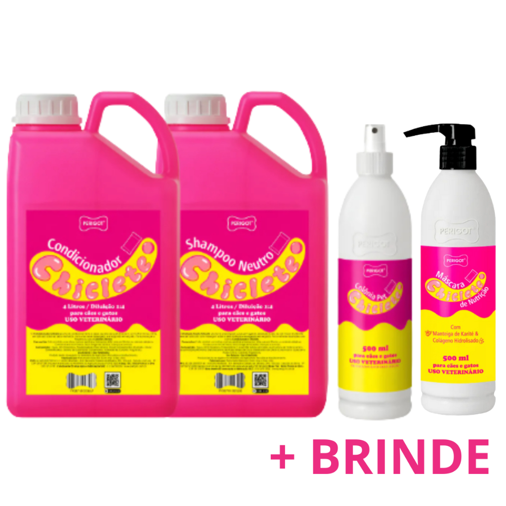Kit Chiclete Completo Banho Temático Perigot - Shampoo Condicionador Mascara e Perfume Cães E Gatos