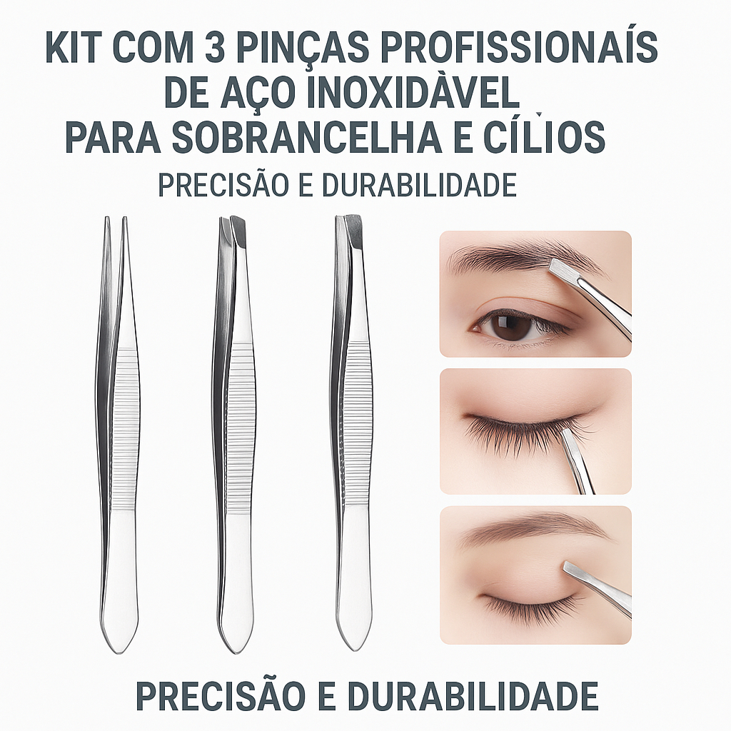 Kit com 3 Pinças Profissionais de Aço Inoxidável Para Sobrancelha e Cílios – Precisão e Durabilidade