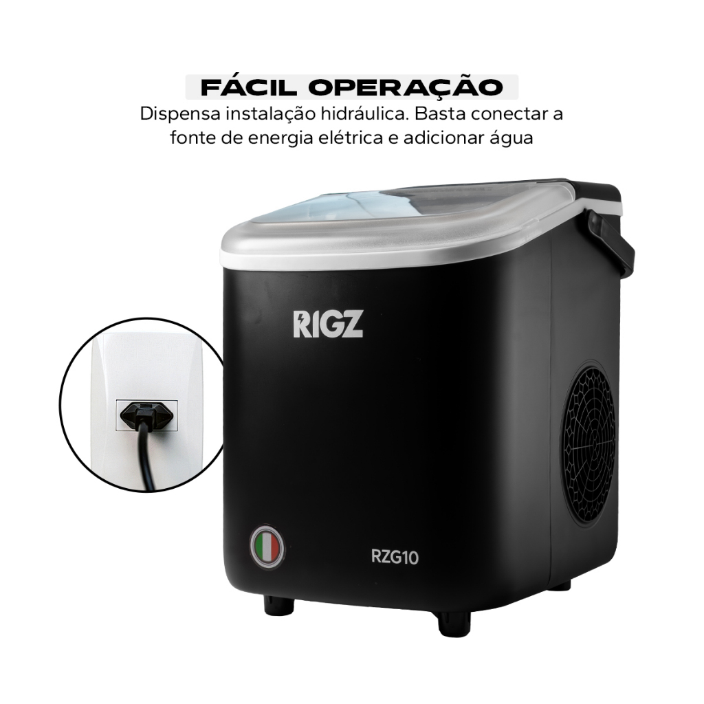 Máquina de Gelo Portátil 100W RIGZ 12kg/dia – 127V/220V - Compacta, Rápida e Eficiente