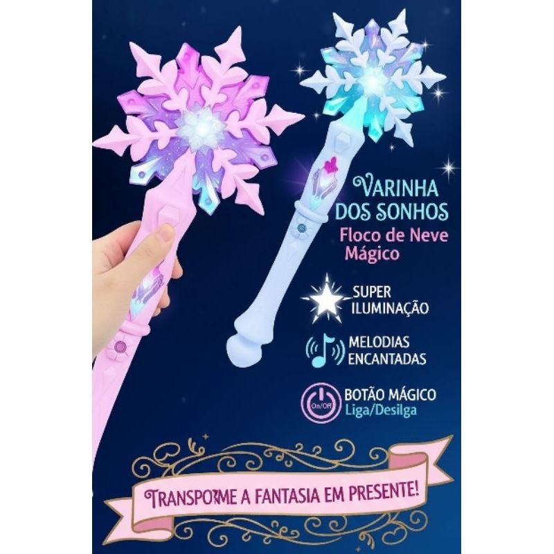 Varinha Mágica Frozen Infantil com Som e Luzes – Floco de Neve, Brinquedo para Festa, Cosplay e Aniversário
