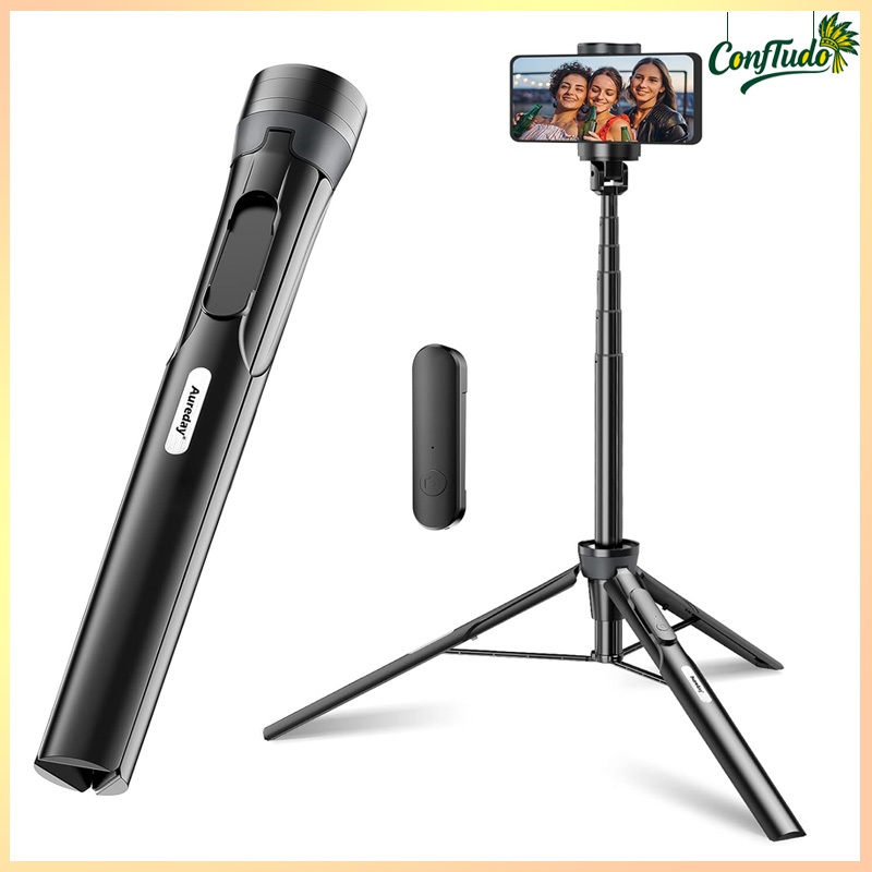 Tripé para Celular 60 Polegadas/155cm com Bastão de Selfie – Leve e Todo em Um, com Controle Sem Fio Integrado (Preto)