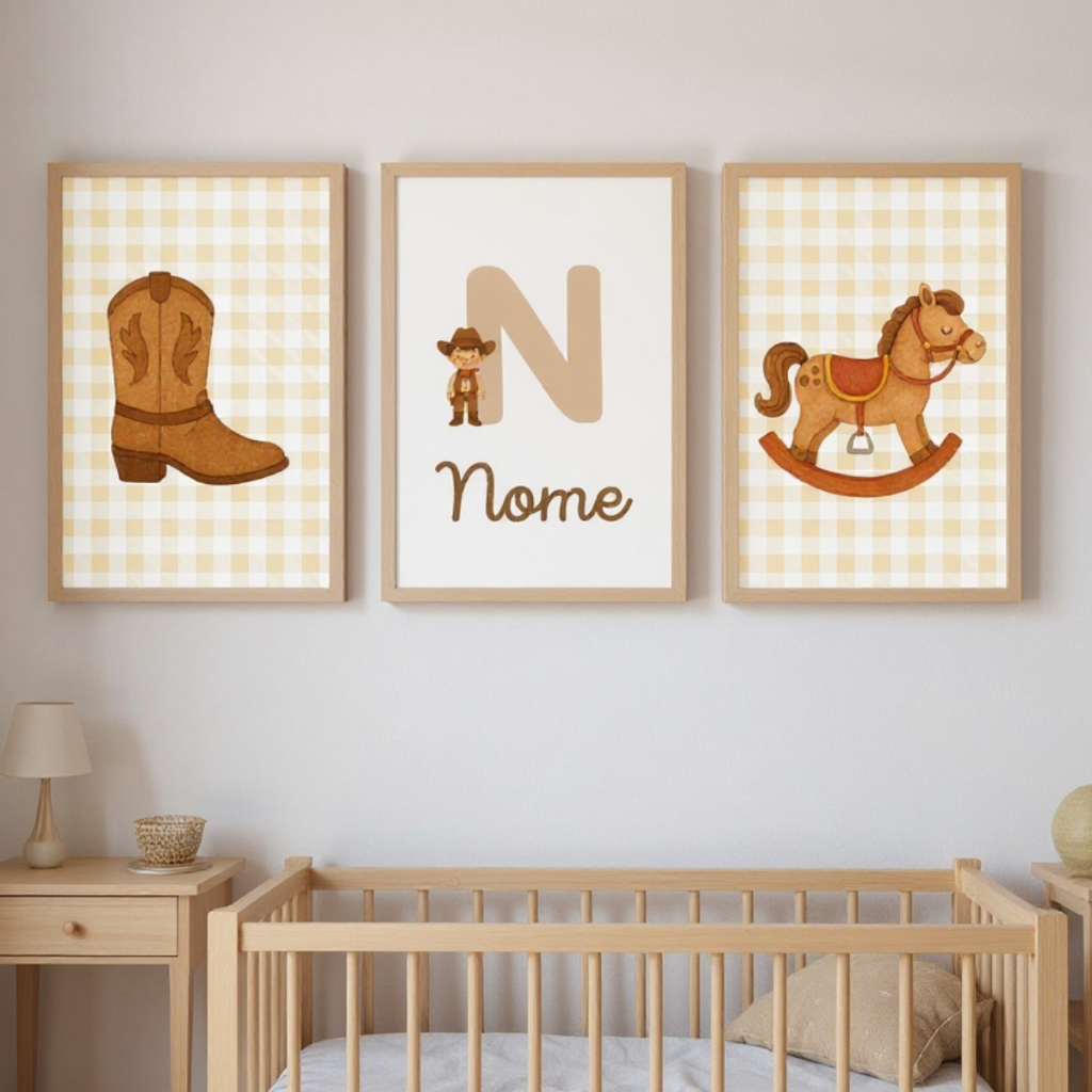 Quadro Decorativo Fazendinha Cavalo de Balanço Cowboy Bota Quarto Infantil Menino - Nome Personalizado
