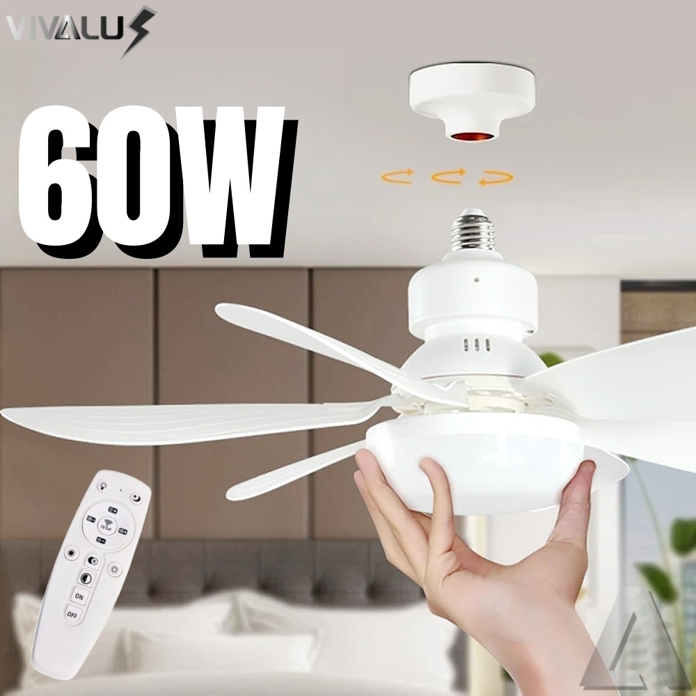 Ventilador Luminária Led 6 Pás Lâmpada Soquete Bocal E27 Teto 3 Cor Luz Branco Amarelo Contróle 60W