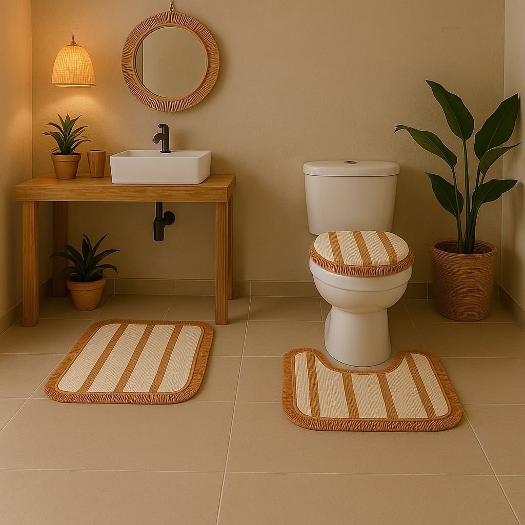 Kit de Tapetes para Banheiro com 3 Peças em Algodão – Jogo de Banheiro Boho com Listras e Franjas para Decoração em Oferta na Shopee