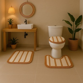 Kit de Tapetes para Banheiro com 3 Peças em Algodão – Jogo de Banheiro Boho com Listras e Franjas para Decoração em Oferta na Shopee