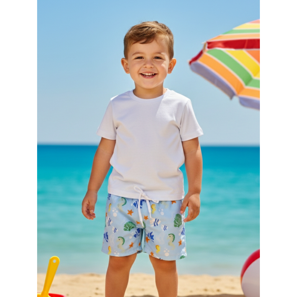 Conjunto Infantil Menino Fundo do Mar Blusa Branca Algodão + Bermuda Azul Tecnospan