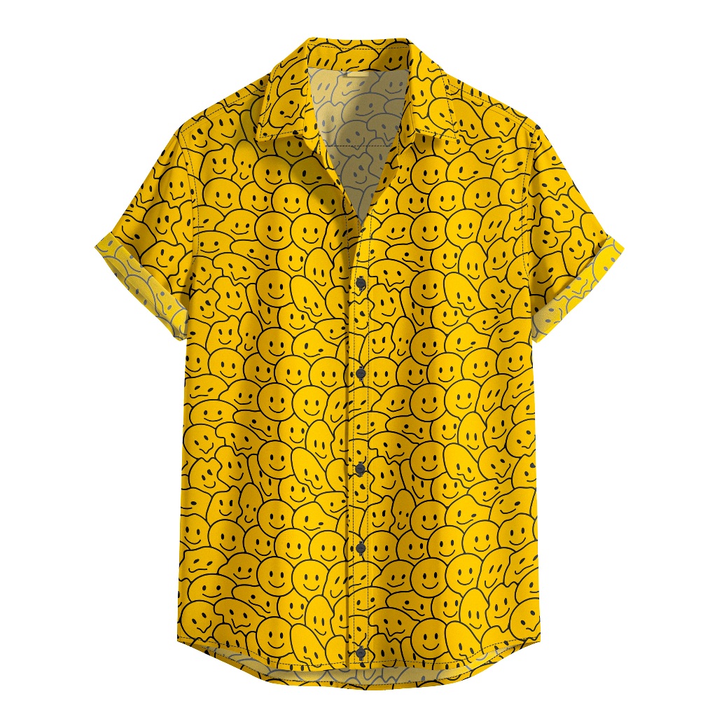 Camisa De Botão Moda Verão Estampa Emoji Amarela Masculina [Ref-505]