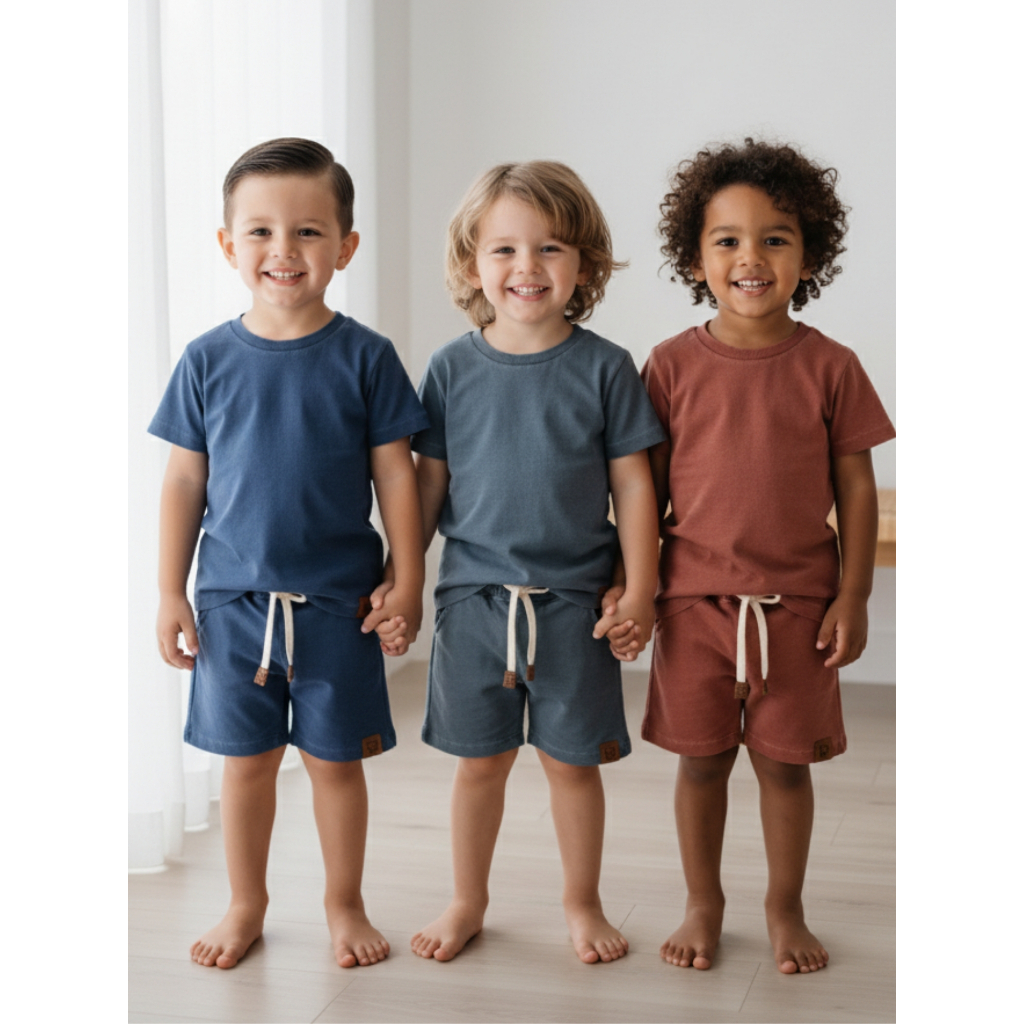Conjunto Infantil Menino Estonado Azul Verde Carmim Blusa Algodão + Bermuda Moletinho Verão