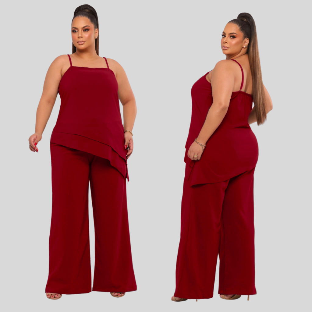 Conjunto Calça Pantalona Blusa Assimétrica Alcinha Crepe Plus Size Curve Premier G GG