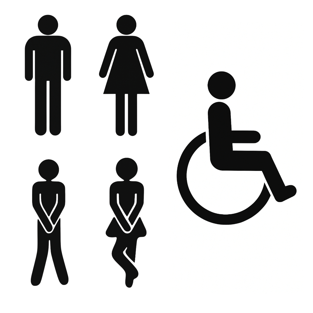 Adesivo Sinalizador Banheiro Masculino, Feminino e PCD Autoadesivado Em EVA Médio – Kit 5 Peças Decorativas