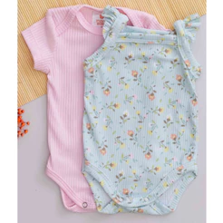 Kit 2 Body Bebê Canelado Verão Manga e Babado Infantil Rosa e Estampa Flores Menina