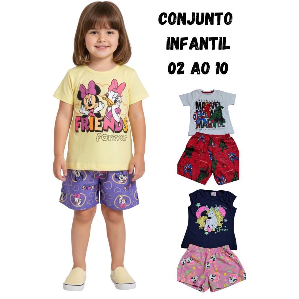 Conjunto Infantil Sortido Verão Shorts e Camiseta Regata Conforto Menina Menino